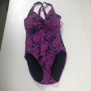 Speedo Crossback Swimsuit Size 8 Pink Purple Black Retro Boho Paisley Shelf‎ Bra